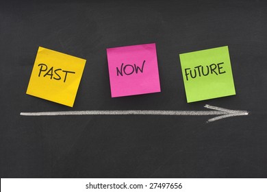 time concept - past, present, future - colorful sticky notes on blackboard with white chalk arrow and eraser smudges