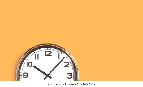 Time concept. Top part of white wall clock face on pastel saffron orange background flat lay. Close up copy space, time management or opening hours. Summer or winter daylight saving time change banner - Shutterstock ID 1721657587