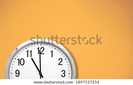 Time concept. Top part of white wall clock face on pastel background.