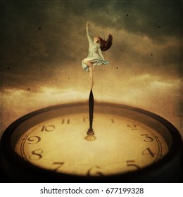 Time control concept. Girl dancing on the edge of clock hand