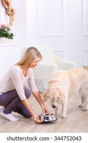 Time For Dinner. Nice Caring Attractive Woman Holding Bowl With Food An Placing It On The Floor While Feeding The Dog