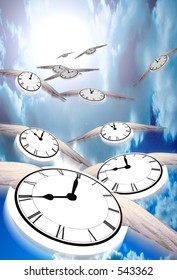 Time Flies...  Winged clocks count off the hours as they fly into the distance