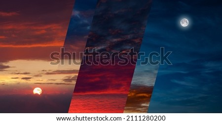 Time flow concept image. Glowing sunset followed by moonrise. Weather forecast backgound.