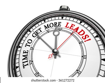 Time To Get More Leads Message On Concept Clock, Isolated On White Background