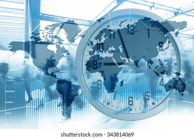 Time for global business. Map of the world with a clock in double exposure.