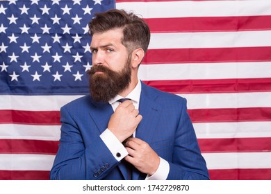 Time for Greatness. bearded man usa parliament representative. 4 of july independence day. celebration of freedom. Patriotic education. legal system in America. confident businessman at american flag.