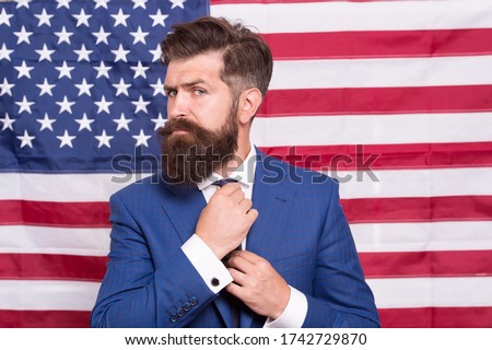 Time for Greatness. bearded man usa parliament representative. 4 of july independence day. celebration of freedom. Patriotic education. legal system in America. confident businessman at american flag.