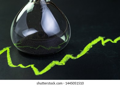 Time for invest or long term investment concept, hourglass or sandglass with black sand inside on stock market green line rising chart drawing with chalk on black chalkboard. - Powered by Shutterstock