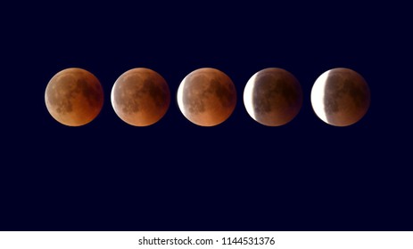 A Time Lapse Of 5 Stages Of The Lunar Eclipse, Blood Moon, Of July 27th. 2018