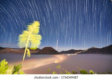 A Time Lapse Exposure Shows A Star Trail On Mount Bromo, Indonesia