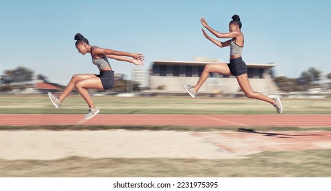 Time lapse, long jump and woman running, jumping and cross in sand pit for fitness, training and exercise. Sequence, jump and black woman leap, fit and workout, energy and sports practice at stadium - Powered by Shutterstock