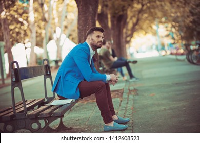 Time Little For Break. Business Man Sitting On Bench.