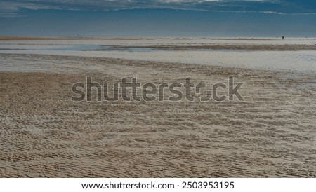 The time of low tide in the ocean. A pattern of sandy ridges formed on the endless exposed seabed. A tiny silhouette of a man walking in the distance. The blue sky. Madagascar. Morondava. 