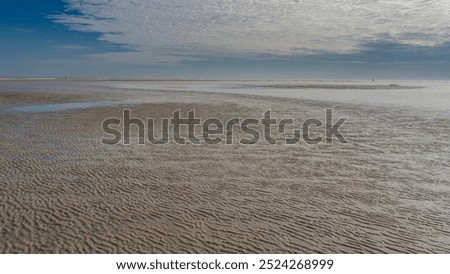 The time of low tide in the ocean. A pattern of twisted sand ridges formed on the exposed seabed. Puddles of water on wet sand.  Blue sky, clouds. Madagascar. Morondava. The Mozambique Channel.