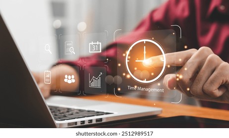 Time management concept, businessman holding clock and money icon on interface virtual for business time management. time is money, work planning increases efficiency and reduces work time.