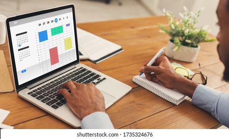 Time Management Concept. Collage With African American Businessman Using Online Planner To Organize Work Agenda. Panorama