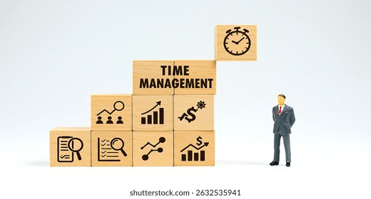 Time management concept visualized with a tiny businessman contemplating climbing blocks showing growth symbols. Isolated on a clean white background for clarity.
