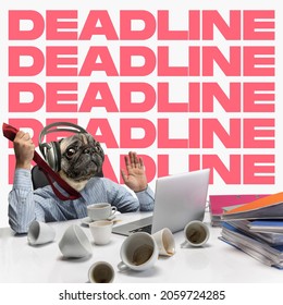 Time Management. Contemporary Artwork Of Busy Male Employee With Dog Head Sittig At The Table With Many Empty Coffee Cups. Deadline. Concept Of Business, Motivation, Work, Career. Copy Space For Ad