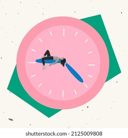 Time management. Creative business design of young woman, employee lying on clock hand symbolizing deadlines. Concept of business, communication, time limit, workload, cooperation. Copy space for ad - Powered by Shutterstock - Get 15% off with code: PIKWIZARD15
