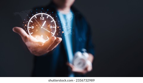 Time management, finance, planning, and strategy, Through the virtual icons, the businessman harnesses the potential of cutting-edge digital solutions to optimize his performance and drive success - Powered by Shutterstock