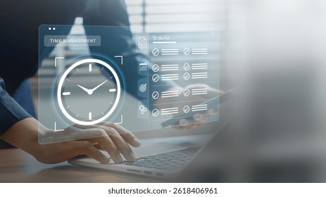 Time management and productivity tools. business professional working on a laptop with clock and to do list interface, symbolizing task planning, scheduling, and efficient business workflow solutions.