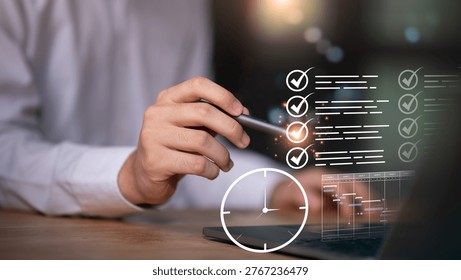 Time management ,task completion concept with digital checklist, scheduling timeline, clock interface. Represents productivity planning, deadline control, workflow organization, performance monitoring