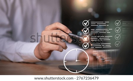 Time management ,task completion concept with digital checklist, scheduling timeline, clock interface. Represents productivity planning, deadline control, workflow organization, performance monitoring