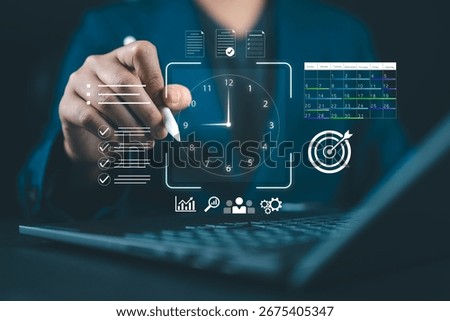 Time management and task planning concept with businessman using stylus and digital interface, project tracking and goal achievement strategy, representing schedule optimization, productivity tools.