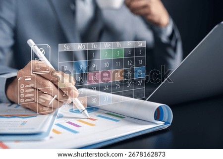 Time management, workflow planning, task scheduling, and document checklist with businessman analyzing calendar and report, productivity, deadline tracking, and organization.