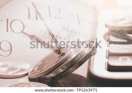 Time and money concept. Double exposure of money, clock, calculator and bank account meaning save time save money in vintage style, sepia tone. financial background, economic growth