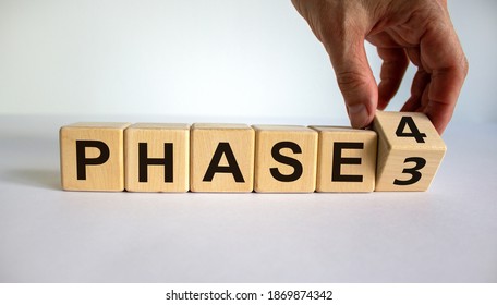 Time to Phase 4. Hand is turning a cube and changes the word 'Phase 3' to 'Phase 4'. Beautiful white background. Business and phase 4 concept. Copy space.