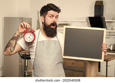 Time To Prepare Healthy Meals. Just In Time. Delivery. Man With Blackboard Copy Space. Chef Kitchen With Clock. Time To Eat. Dinner Time. Hipster Cook. Interval Fasting Diet. Restaurant Information