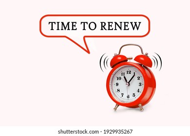 TIME TO RENEW - text on light pink background with red alarm clock