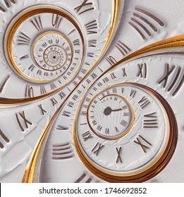 Time running in a double helix. Infinity of time. Infinite fractal dial of a gold watch