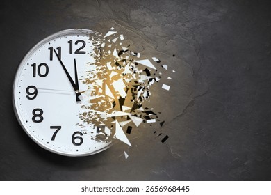 Time running out. Clock dissolving on grey textured background