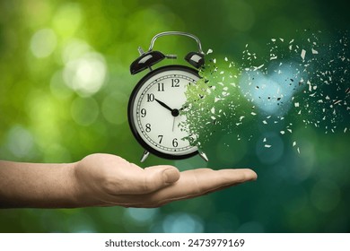 Time running out. Man with dissolving alarm clock on blurred background, closeup