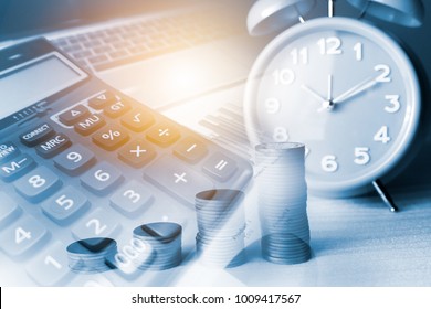 Time of saveing value money : Coin calculator and clock, Idea of value to finance and saving money.
