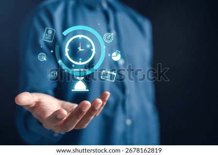 Time schedule setting and time management. clock, calendar, and hourglass icons, planning, deadline, productivity, efficiency, task tracking, and organization.