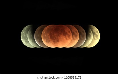 Time series total Lunar eclipse 31 January 2018 as it appeared as supermoon at perigee   also blue Moon as second full moon January 2018