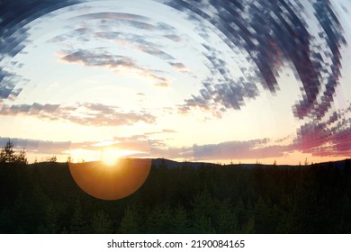 Time Slice Of Sunset Over Forest Landscape.