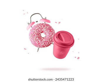 Time for snack dessert. Sweet pink coated glazed donut as alarm clock and coffee cup togo flying with crumbs and sprinkles isolated on white background. Pastry shop card. - Powered by Shutterstock