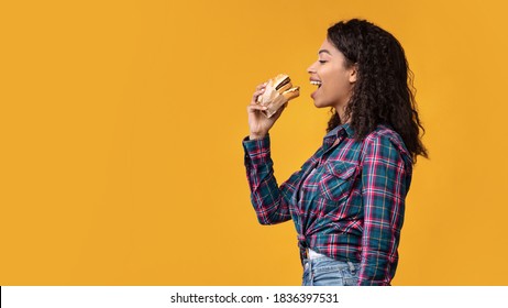 Time For Snack. Side View Portrait Of Hungry Black Lady Eating Hamburger. African American Woman Taking Bite Of Tasty Fast Food, Isolated Over Orange Studio Background, Banner, Copy Space