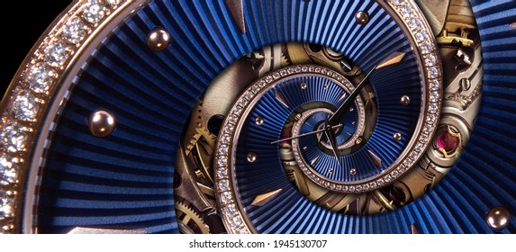 Time Spiral Concept. Round Blue Diamond Golden Clock With Hands And Mechanism Twisted To Surreal Spiral. Timeless Watch Abstract Background. Limitless Spiral Clock