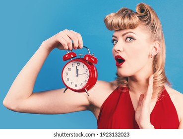 Time. Surprised Woman With Alarm Watch. Pin Up Girl With Alarm Clock.