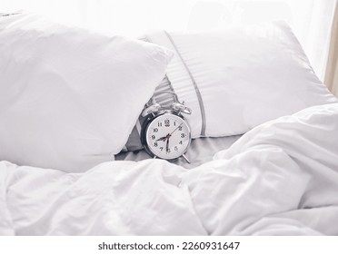 Time, waking up and alarm clock on a bed with no people for punctual, sleeping and hour management. Empty, bedroom and vintage timer for routine, sleep and rest schedule, snooze and resting on mockup - Shutterstock ID 2260931647