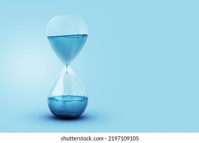 Time as water, a concept. Water with a drip dripping in a glass clock. Creative idea, save the water on a blue background. Global Warming - Shutterstock ID 2197109105