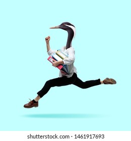 Time To Work. Female Body Headed By Goose Head On Blue Background. Hurrying Up And Negative Space To Insert Your Text. Modern Design. Contemporary Art. Creative Conceptual And Colorful Collage.