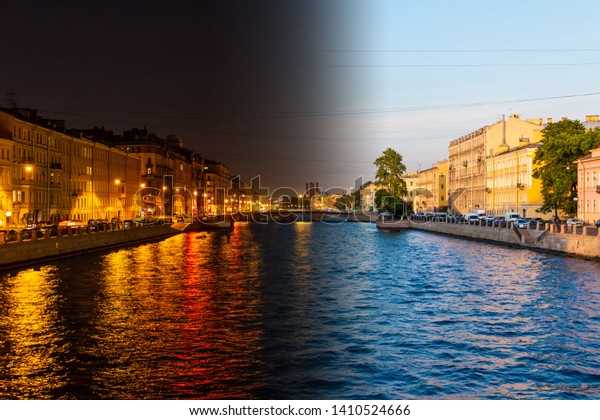 Time-lapse collage of day to night\
transition. Beautiful view of the Fontanka River and historic\
buildings from the Krasnoarmeyskiy bridge, Saint Petersburg,\
Russia