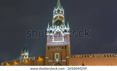 Timelapse hyperlapse of The Saviour (Spasskaya) Tower and the walls of Moscow Kremlin, at night in winter. Captured from Red Square, and it showcases the majestic beauty of the Kremlin at nigh