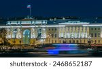 Timelapse of the Illuminated Russian Constitutional Court Building with Monument to Peter I, Boris Yeltsin Library, Night Illumination, and Boats on the Neva River in Enchanting Saint-Petersburg